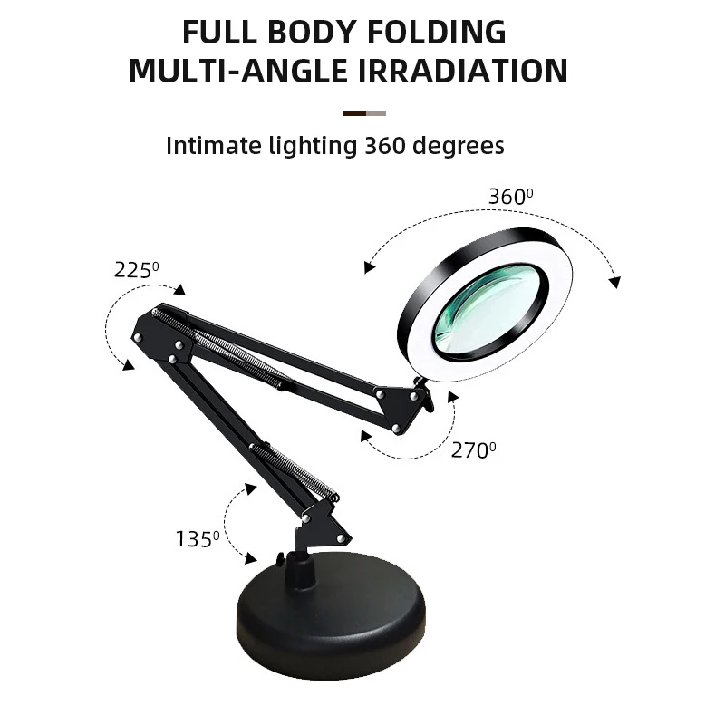 3-Colour Switching Magnifier Lamp Foldable Portable Eye-Care Desk Lamp Ten Adjustable Gears for Makeup Nail Lash Work Repair