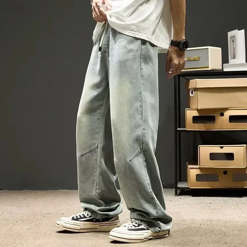 

Korean Fashion Streetwear Baggy Jeans For Men Wide Leg Straight Denim Trousers New Elastic Waist Classic Y2K Blue Jean Hombre