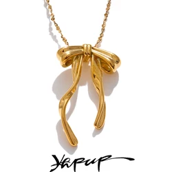 Yhpup 316L Stainless Steel Bow Knot Necklace Pendant 18K Gold & Platinum PVD Plated Metal Charm Fashion Trendy Jewelry
