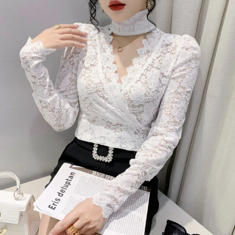 #8322 Black White Khaki Vintage Short Lace T Shirt Women Sexy Hollow Out Wrap T-Shirt Female Long Sleeve Thin Turtleneck Tight