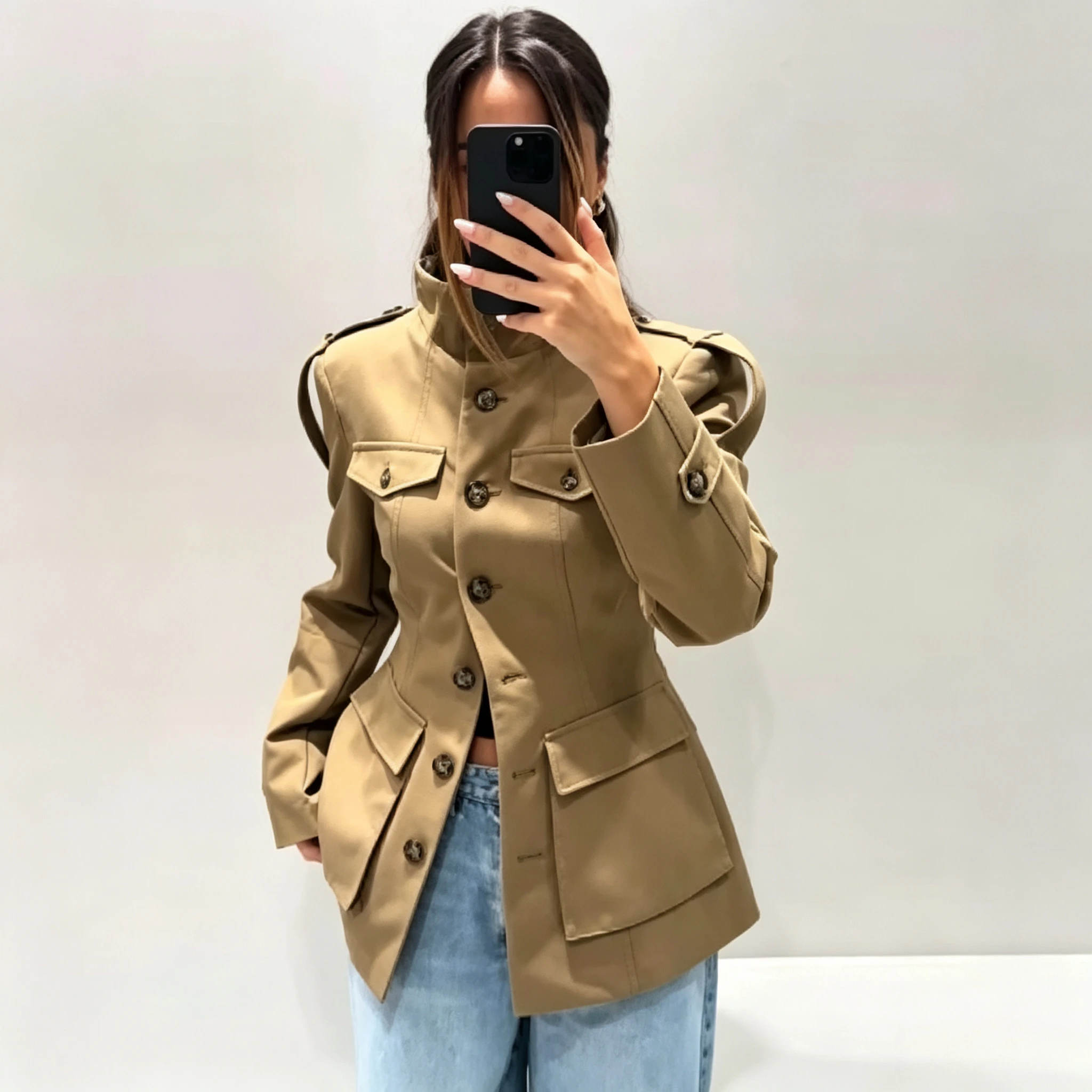 Suninbox Women's Vintage Trench Coat Slim Fit Stand Collar Utility Jacket with Pockets Autumn Spring Outerwear