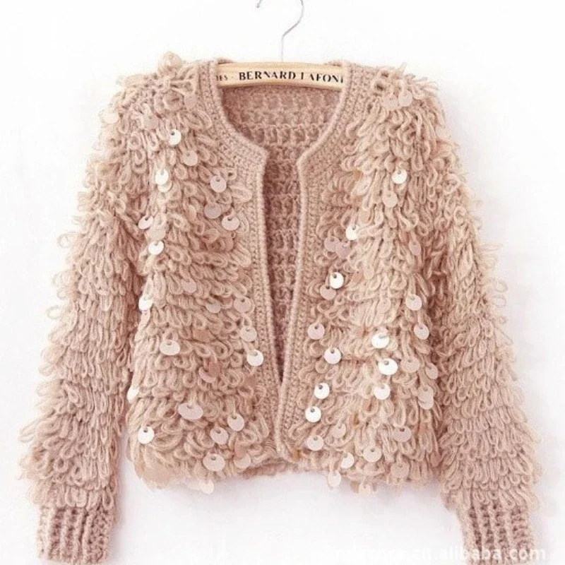 Woman Sequins Mohair Hollow Knitted Cardigan Sweater Tassels Jacket Sequined Fashion Short Coat Open Stitch Streetwear