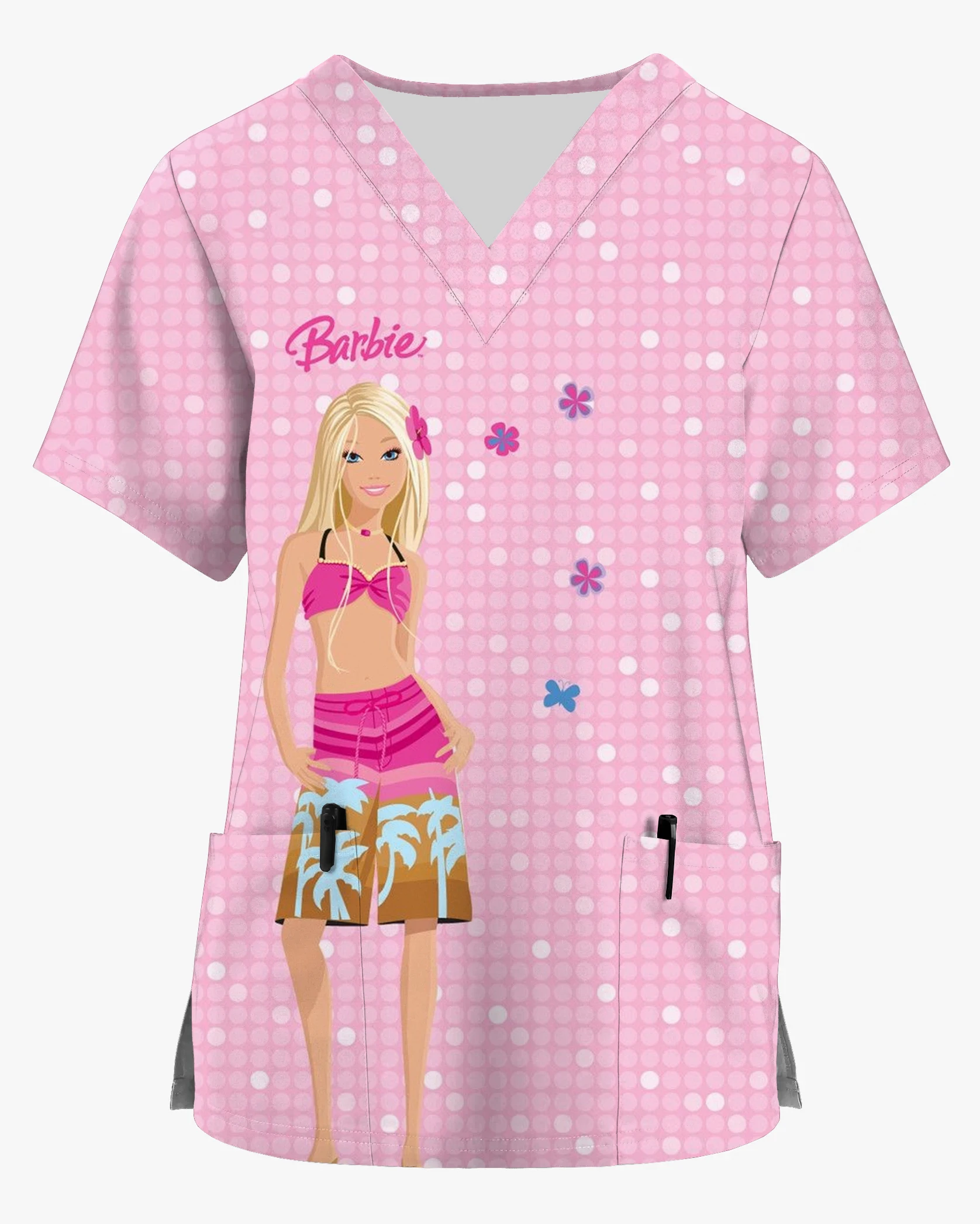 Summer Women's Clothing Barbie Princess Short Sleeve V-Neck Print Scrub Top Fashion Uniform Short Sleeve Doctor Nurse New Style