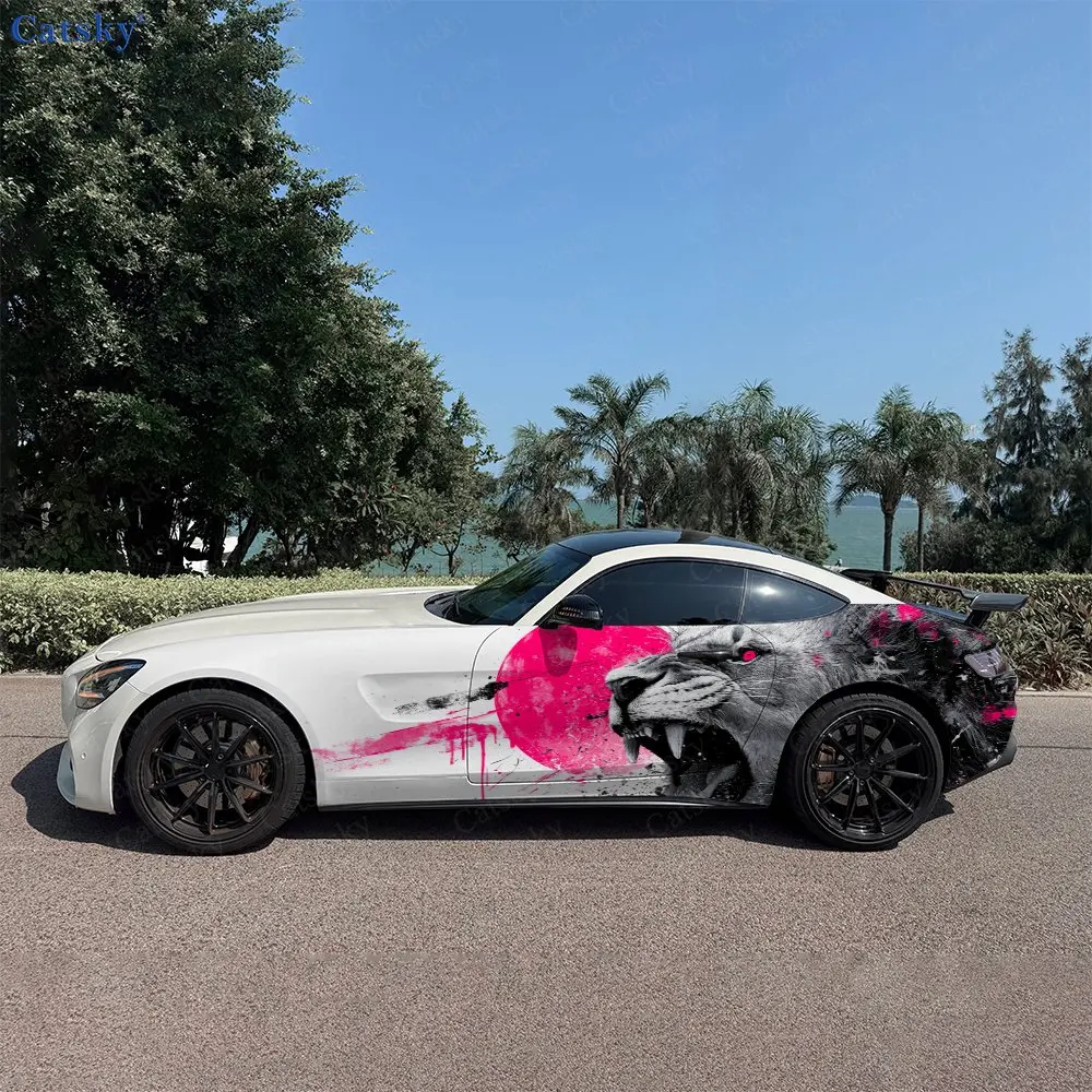2pcs Pink & Black Splatter Lion Car Side Wraps, Self-Adhesive PVC Waterproof & Scratch-Resistant Stickers, Car Accessory Gift