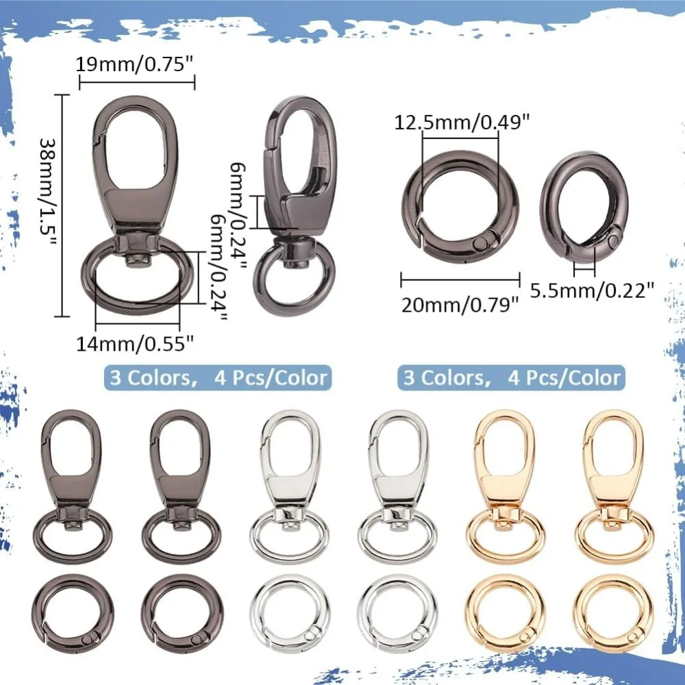 12 Sets Swivel Snap Hook 3 Colors Double Opening Ring Key Chain, Alloy Swivel Lobster Clasps Spring Clip Key Chain Hook