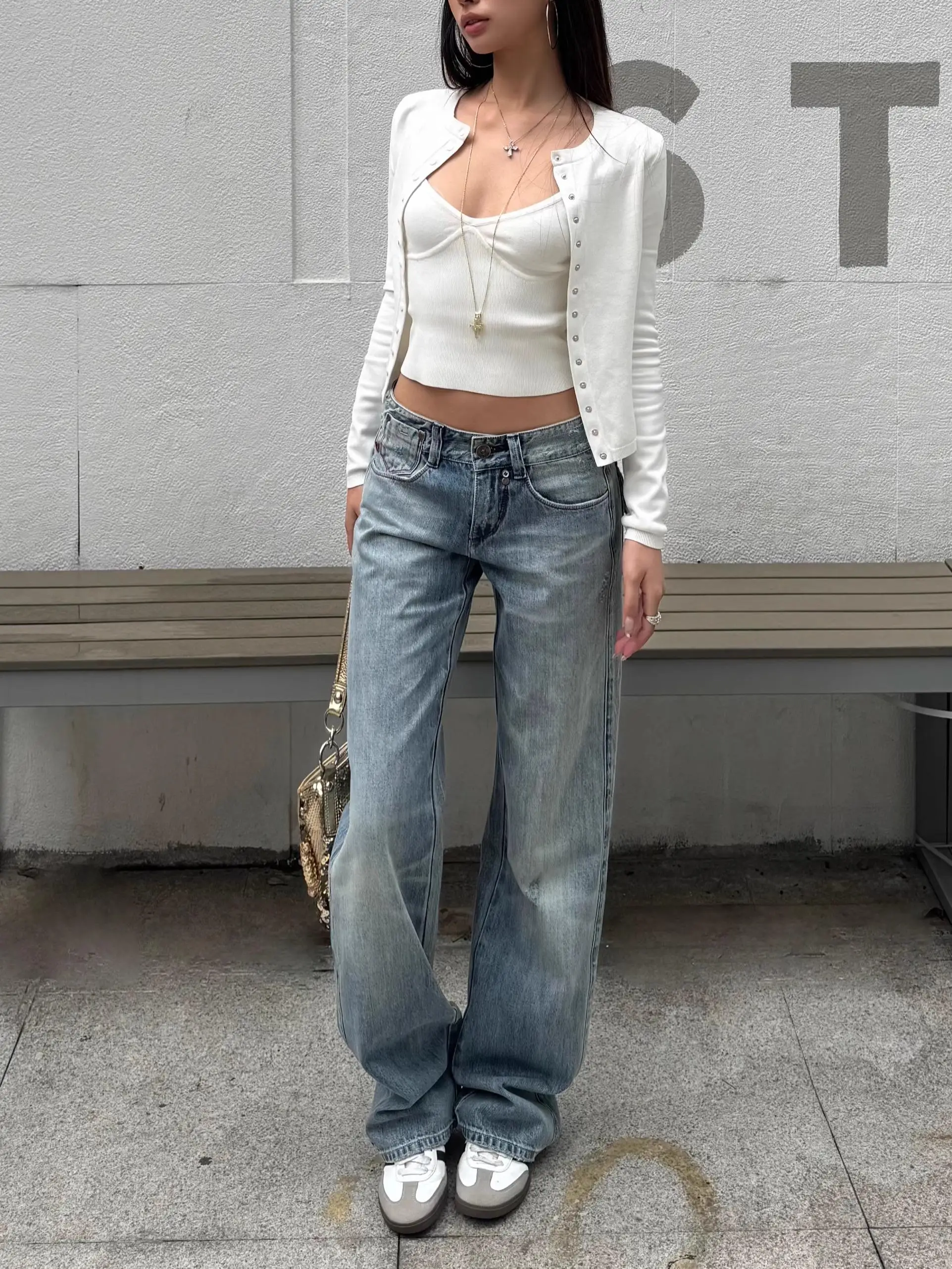 

Retro American Waed Blue Jeans mid Low Waist Straight Leg Denim Pants with ket Cover Design Durable Wear Resistant