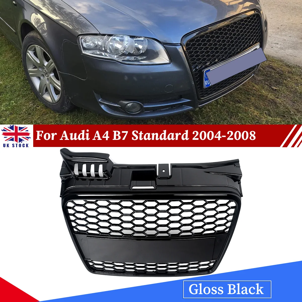 Honeycomb Style Grill For Audi A4 B7 2004-2008 Front Radiator Mesh Grille Air Intake Grid Gloss Black Compatible Front Bumper