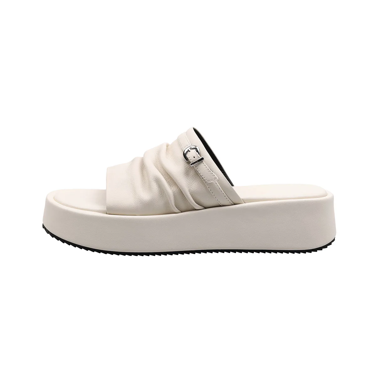 

Arden Furtado 2025 Summer sheepskin platform Middle heel Pleated Word slippers Round toe Open toe Belt buckle Wedge slippers