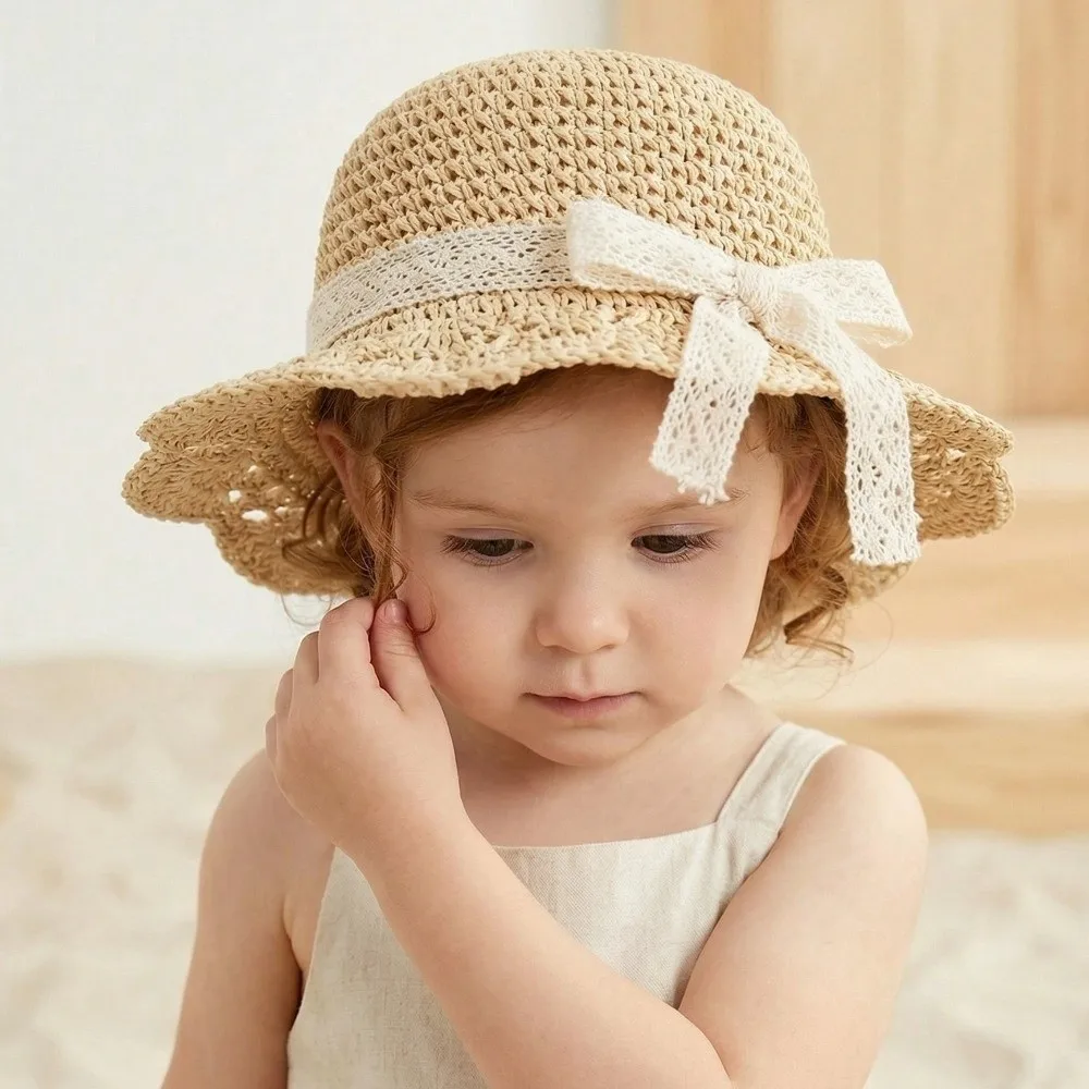 

Детская соломенная шляпа в стиле принцессы с кружевной отделкой, широкими полями и оборками, для защиты от солнца
