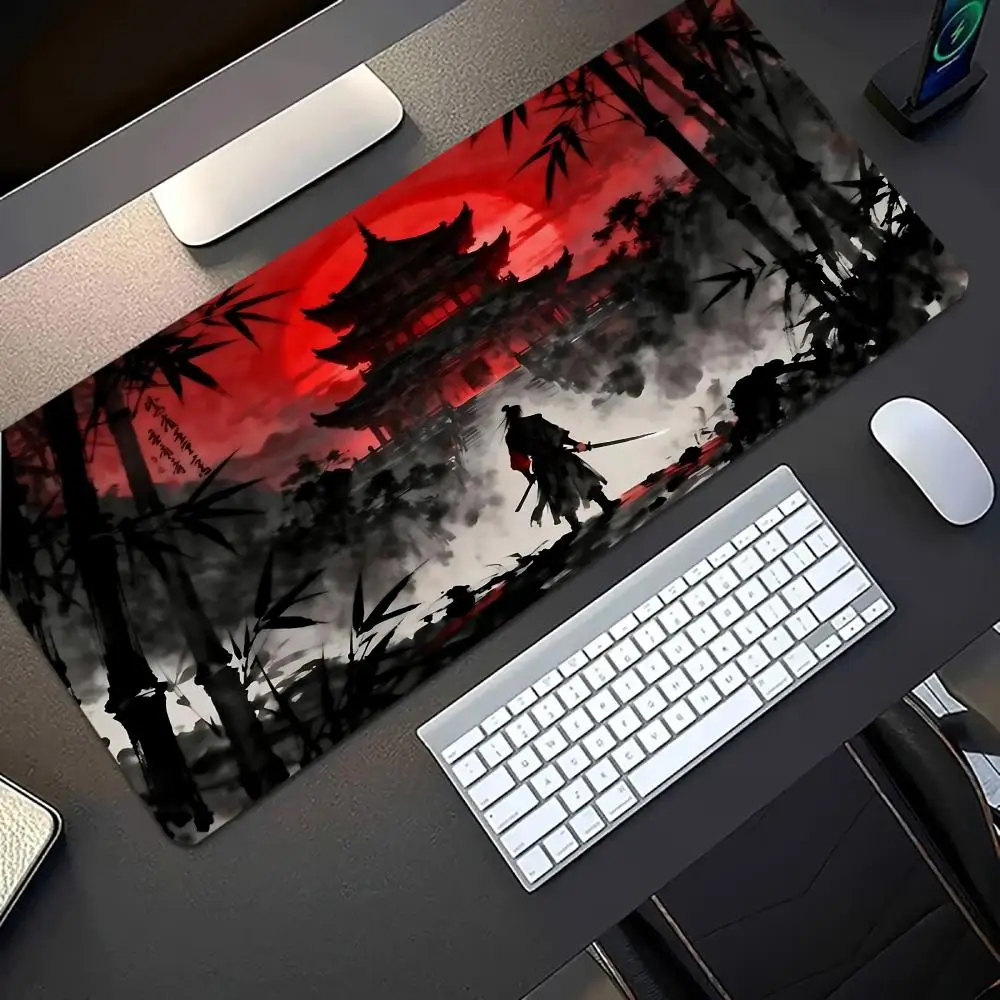 Red Moon Wolf Samurai Art Large Extended Mousepad Non-slip Base Locked Edges Keyboard Mat for Wolf Moon Gamer Room Decor