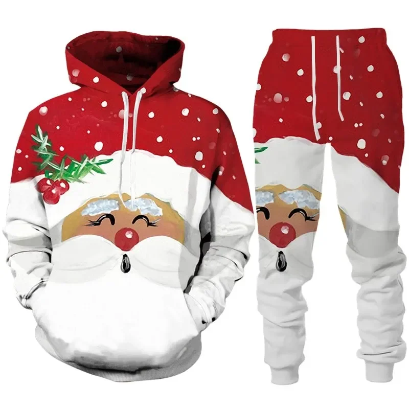 Chándal con estampado 3D de Papá Noel para hombre, Sudadera con capucha y pantalones, conjunto informal de 2 piezas para fiesta de Navidad, novedad