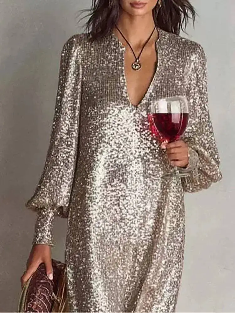 

V-neck long sleeved sequined elegant party dress 2026 spring/summer Shiny Robe Dress new Loose simple style solid color dress