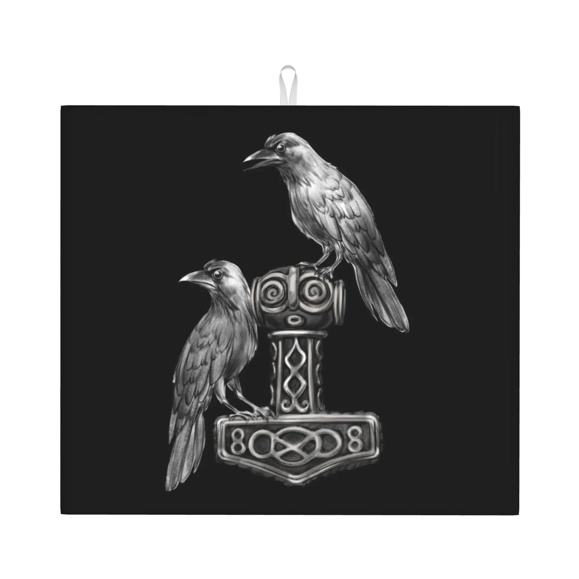 Thor Hammer Mjolnir with Odin Ravens Non‑Slip Waterproof Absorbent Barware Norse Viking God Bathroom Drying Mat For Kitchen