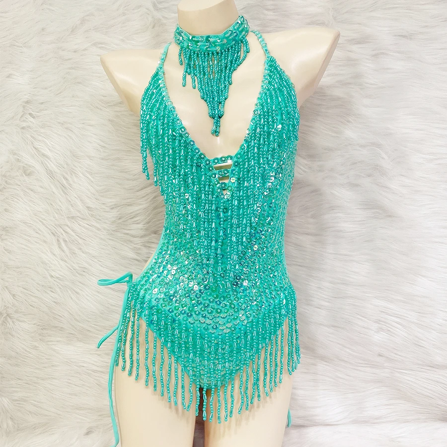 New Shiny Costume For Women Beading Sequin Tassel One-Piece Bodysuit Sexy Clubwear Party Outfit Stage Performance Dance Clothes