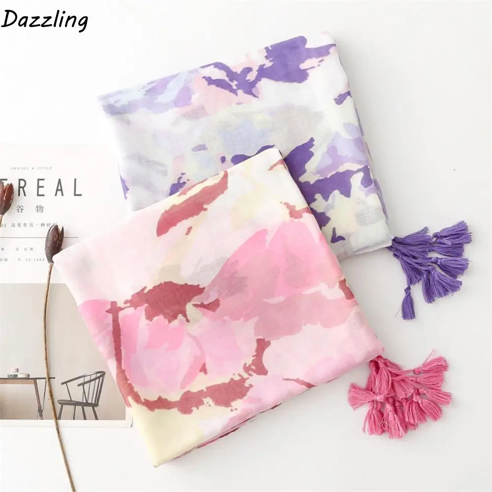 

Korean Tassel Viscose Shawl Scarf Elegant Wash Painting Style Soft Thin Scarf Printing Luxury Women Hijab Shawls Four Seasons