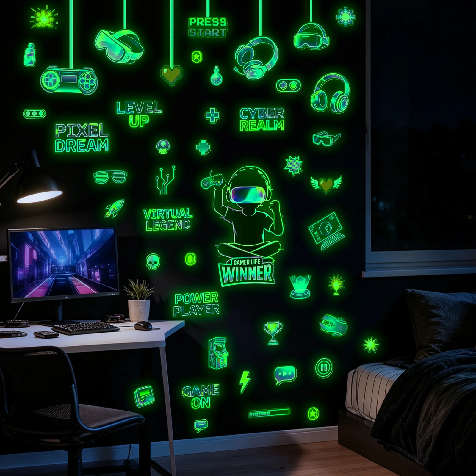 Luminous Game Elements Wall Sticker Glow In The Dark Wall Decal For Children's Room Fluorescent Decals Self-adhesive Room Decor