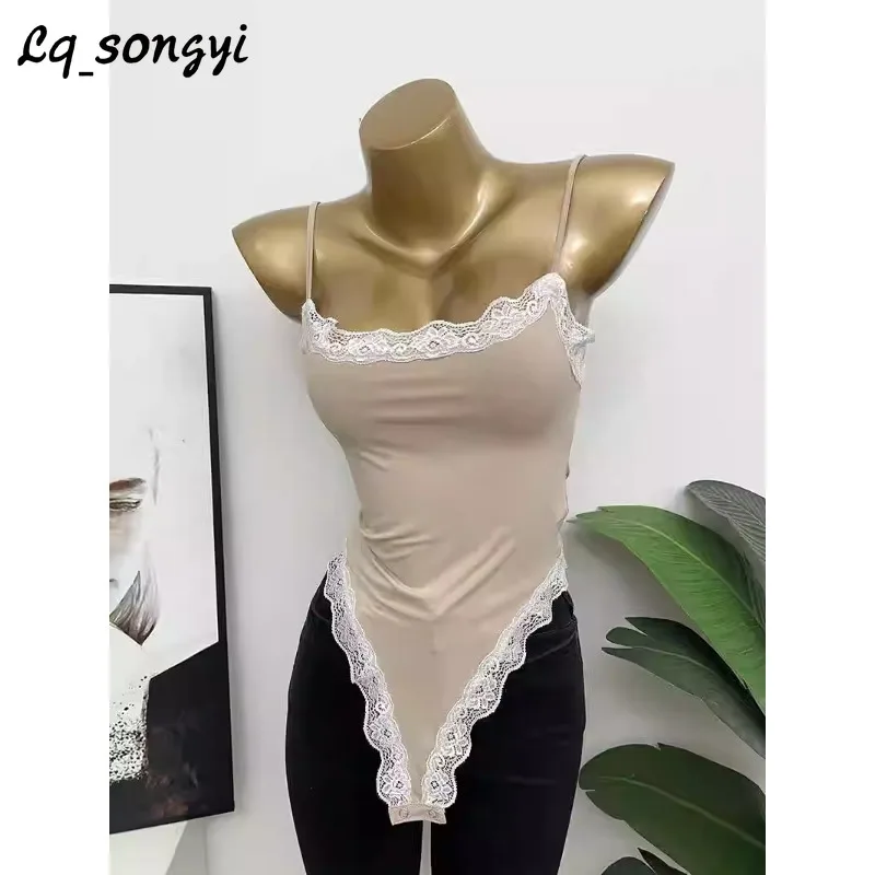 

Lq_songyi Sexy Lace Camis Women Slim Sleeveless Top Spaghetti Strap Tight Tops Korean Pop Style Sexy Solid Basic Bodysuits