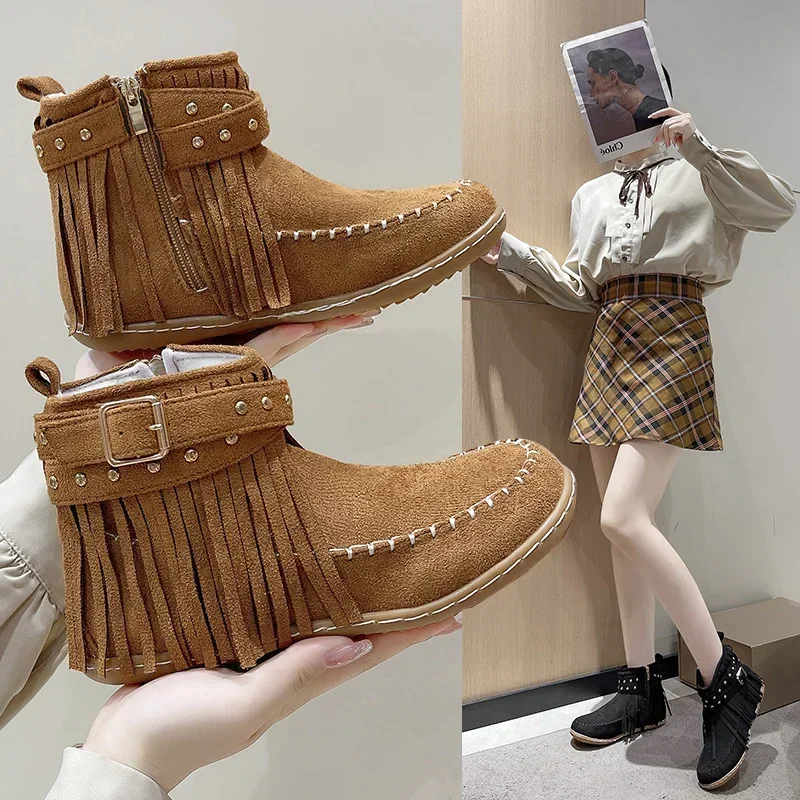 Bohemian Style Tassels Ankle Boots Women Retro Faux Suede Buckle Strap Short Boots Woman Plus Size 43 Flat Heels Western Botas