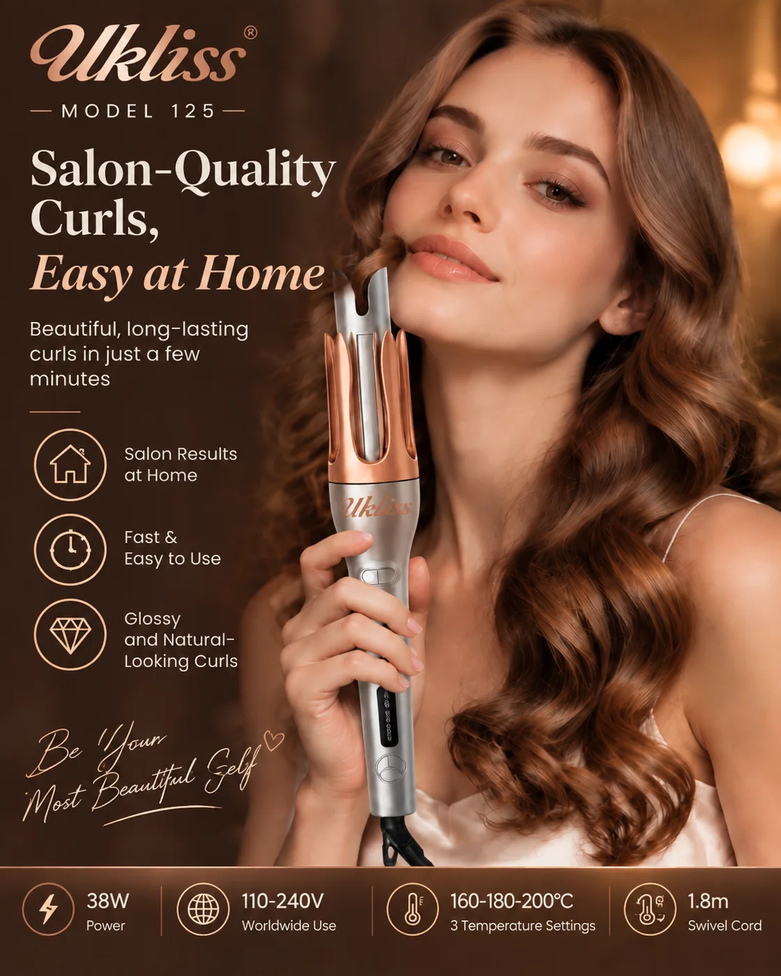 Ukliss Silver Automatic Curling Iron 125 Professional Hair Styling Tool for Perfect Curls And Waves
