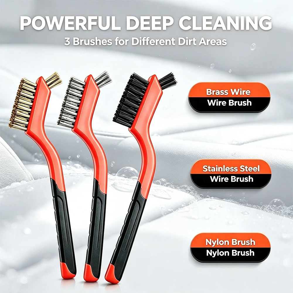Wire Brush Set Nylon/Brass/Stainless Steel Bristles with Curved Handle Grip for Rust Dirt Paint Scrubbing Deep Cleanig