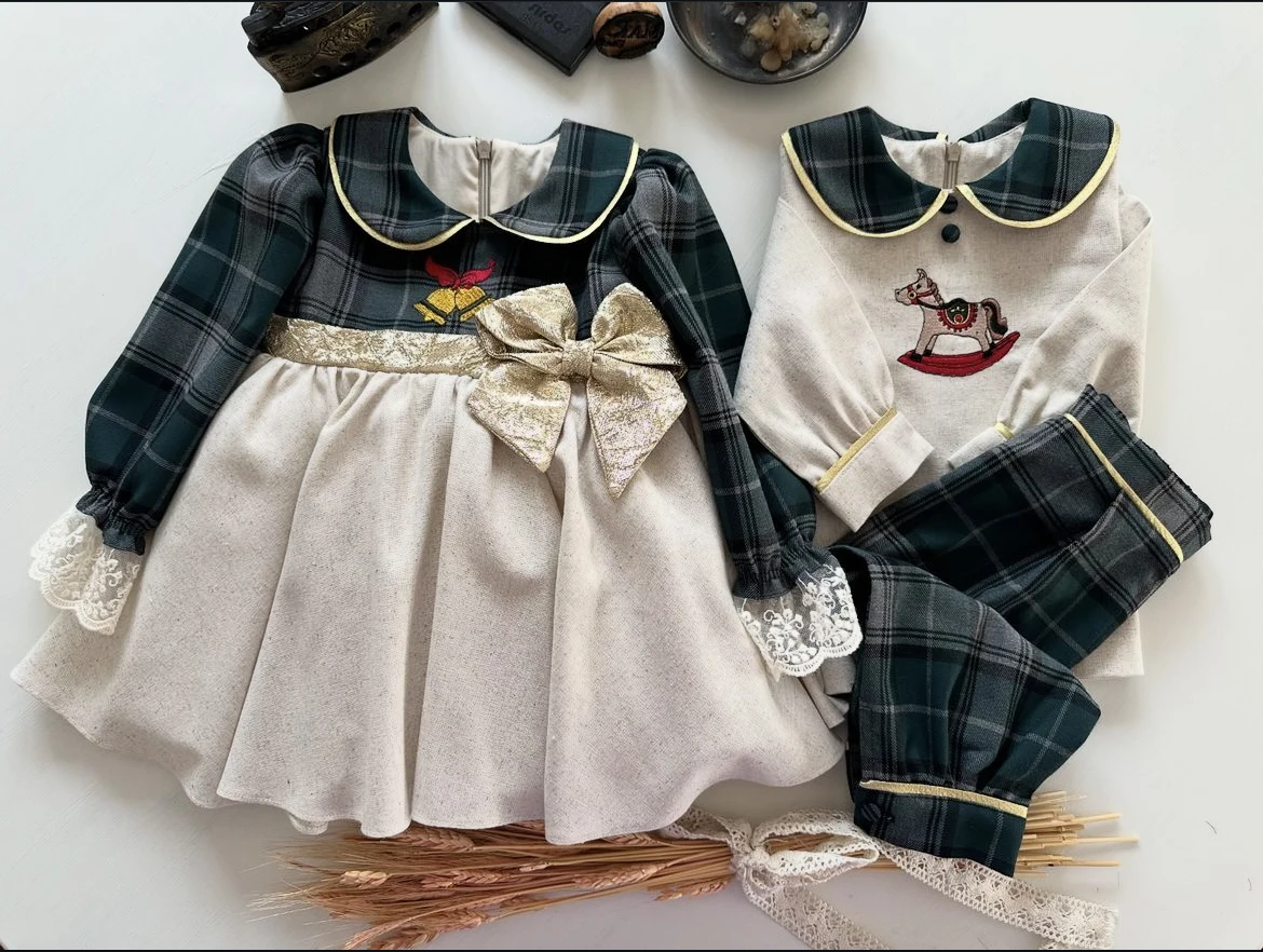 Baby Girl Autumn Winter Green Plaid Rocking  Embroidery Vintage Boy Set Suit for Eid Causal Party Holiday