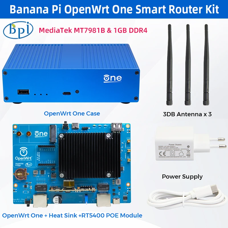 Banana Pi OpenWrt One Touter MediaTek MT7981B 1GB DDR4 2.5GbE RJ45 & Gigabit Ethernet RJ45 256 MiB SPI NAND RTC Smart Router