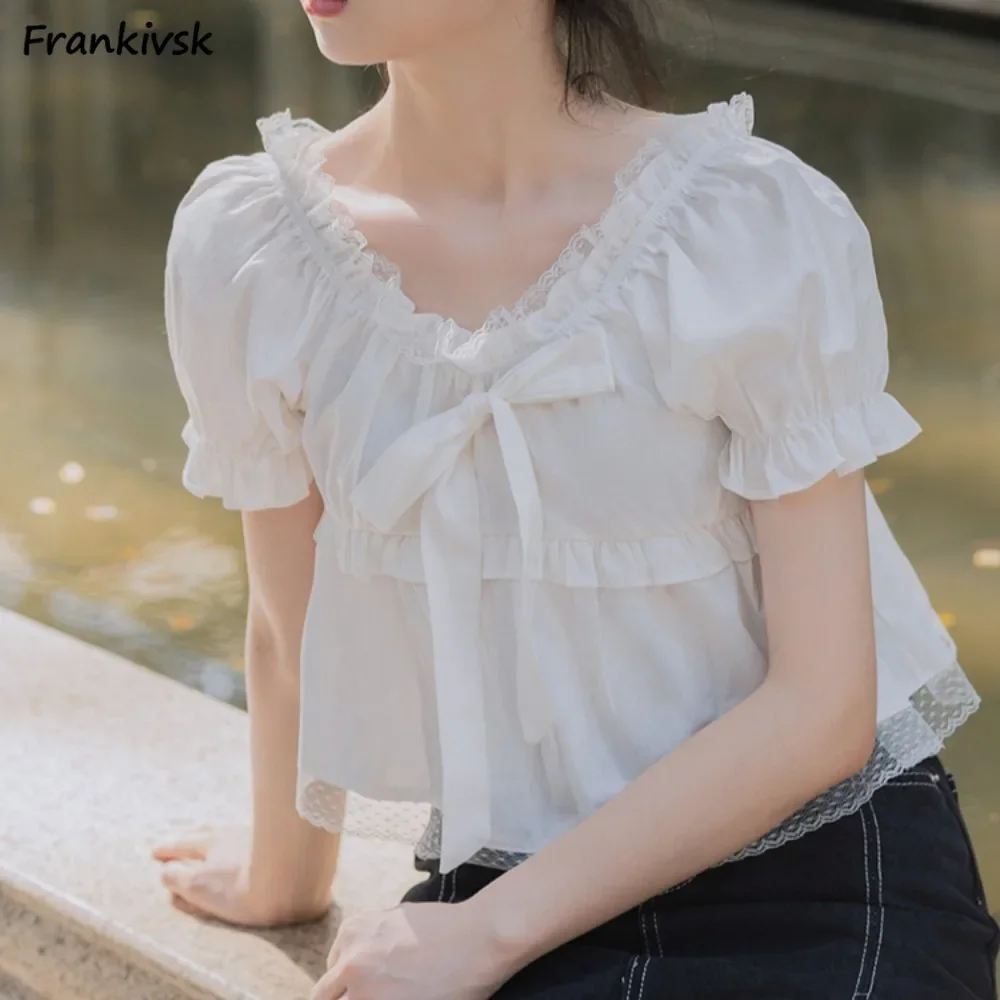 Blouses Women Bow Mesh Decoration Fungus Holiday Designed Summer Fashion Tender Dating Sweet Girls Puff Sleeve Loose Aesthetic