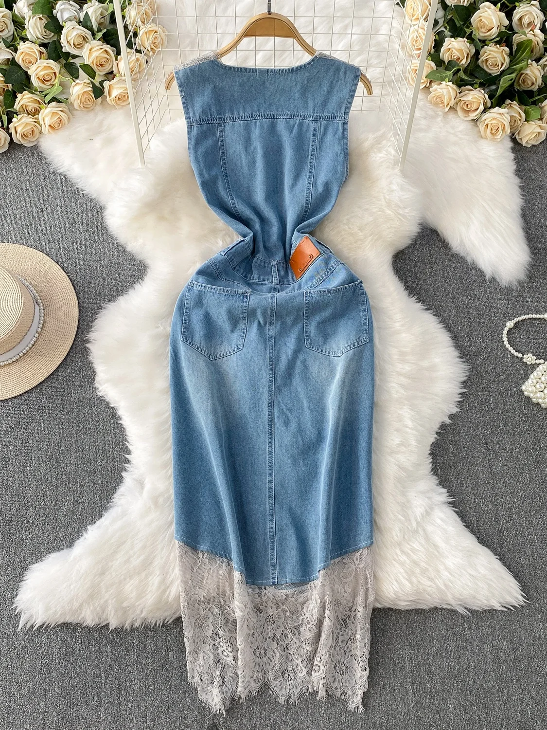 Amerykańska retro spódnica dżinsowa z koronkowymi wstawkami, dekolt w serek, wysoki stan, wyszczuplająca, długa, idealna na lato, do pracy.