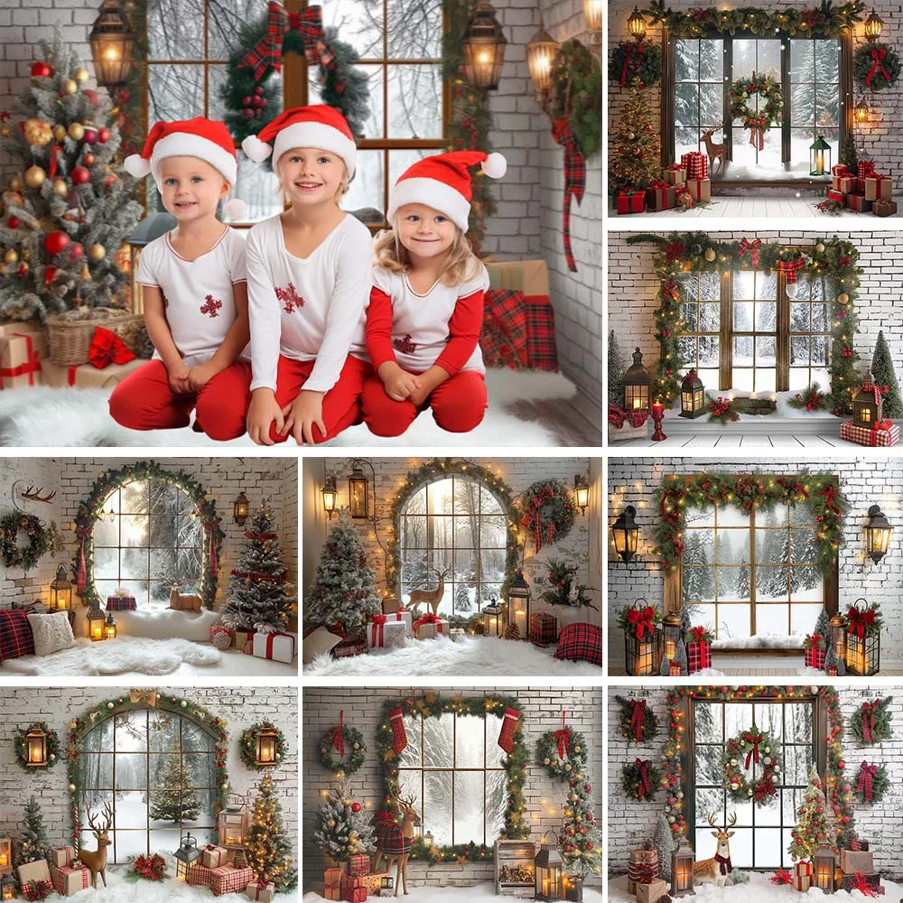 

Mocsicka Christmas Photography Backdrop Xmas Tree Wreath Elk Brick Wall Window Snow Scene Family Portrait Photo Background Props