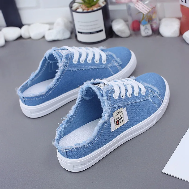 New Ladies White Canvas Shoes Spring Summer Women Casual Shoes Flat Sneakers Woman Denim Shoes Low Upper Lace Up Slippers Flats