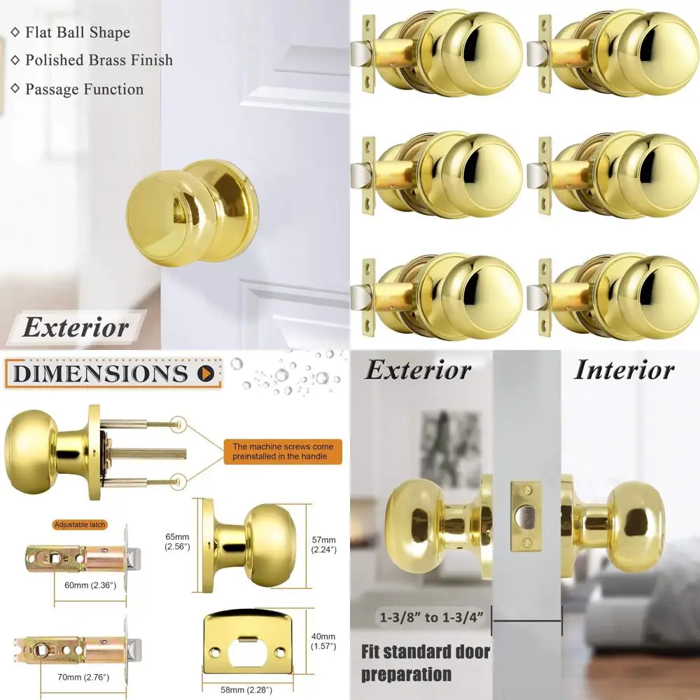 

6-Pack Polished Brass Interior Door Handles with Keyless Locksets for Hall/Closet Doors