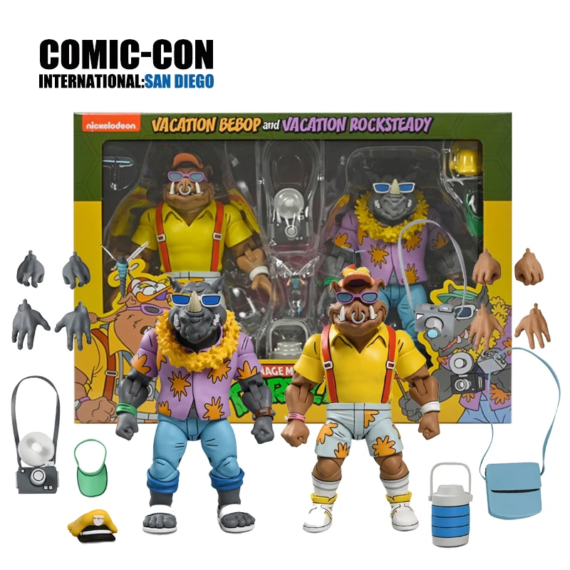 NECA Teenage Mutant Ninja Turtles (Cartoon) - Vacation Bebop and Rocksteady 7” Scale Action Figure 2-Pack Model Doll Gift