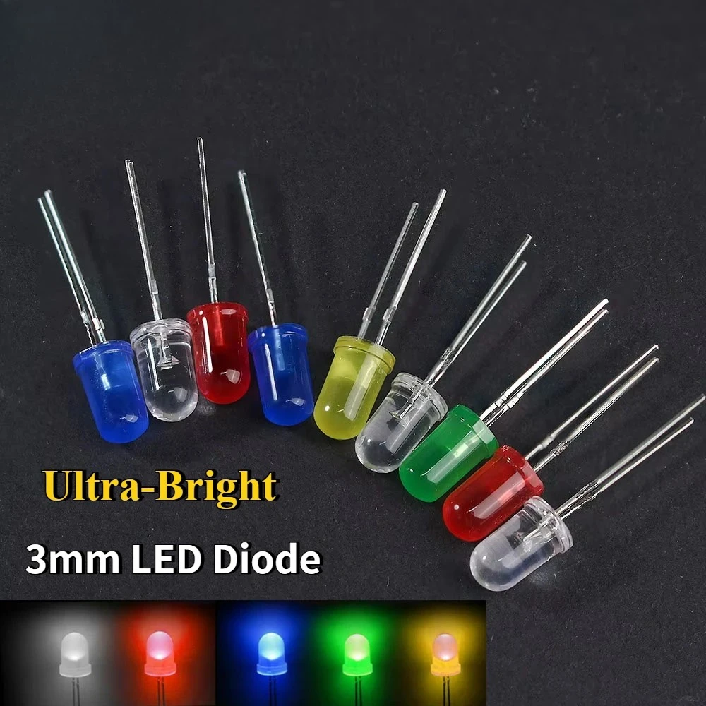 

100pcs/lot 3mm LED Ultra Bright Light Emitting Diode White Red Green Blue Yellow F3 Round LEDs Diodes Diy Assortment Kit