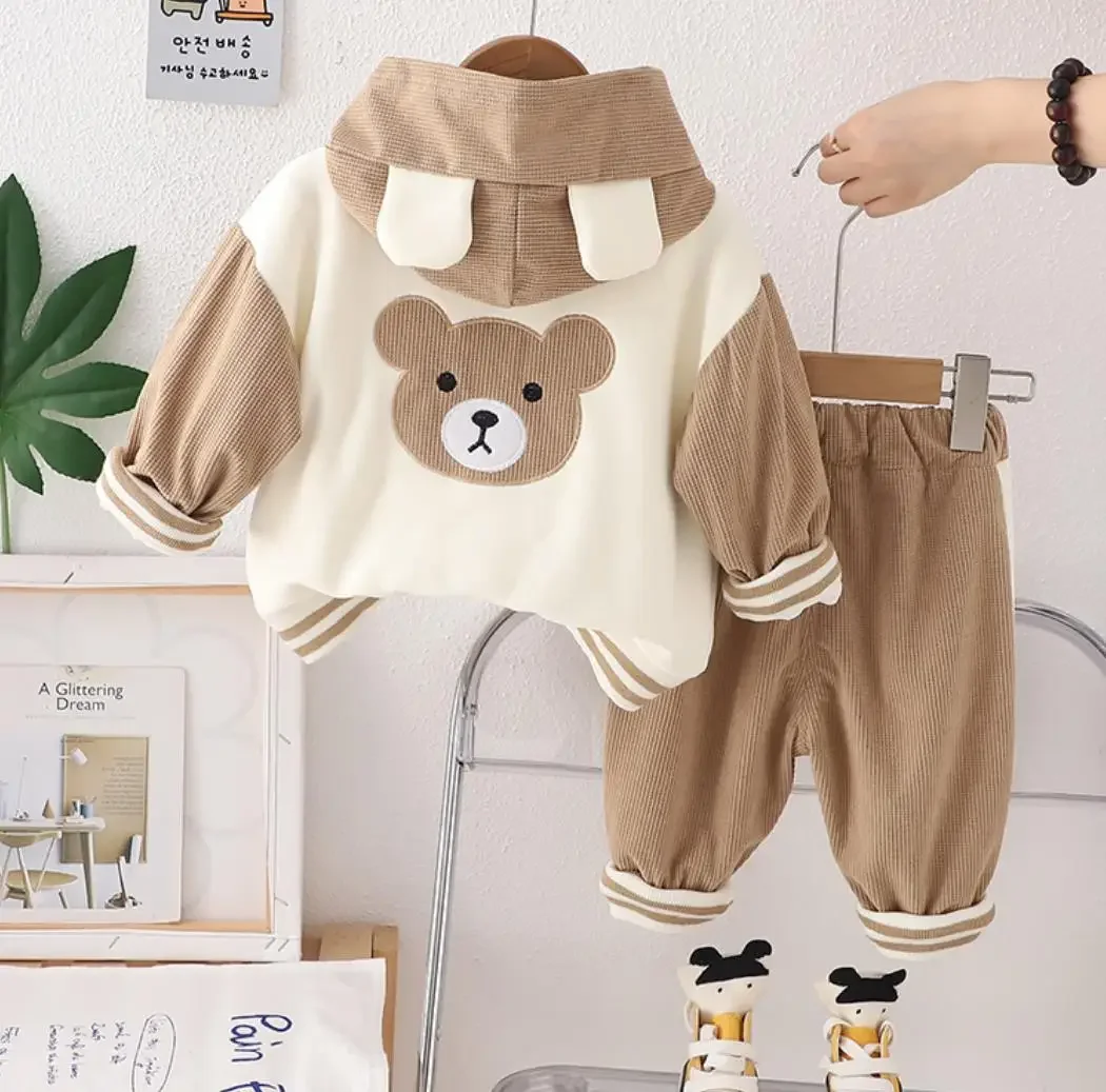 Toddler Outfits for Kids Baby Clothes 6 To 12 Monthes Patchwork Bear Hooded Jackets+White T-shirts+Pants 3Pcs Infant Boys Sets