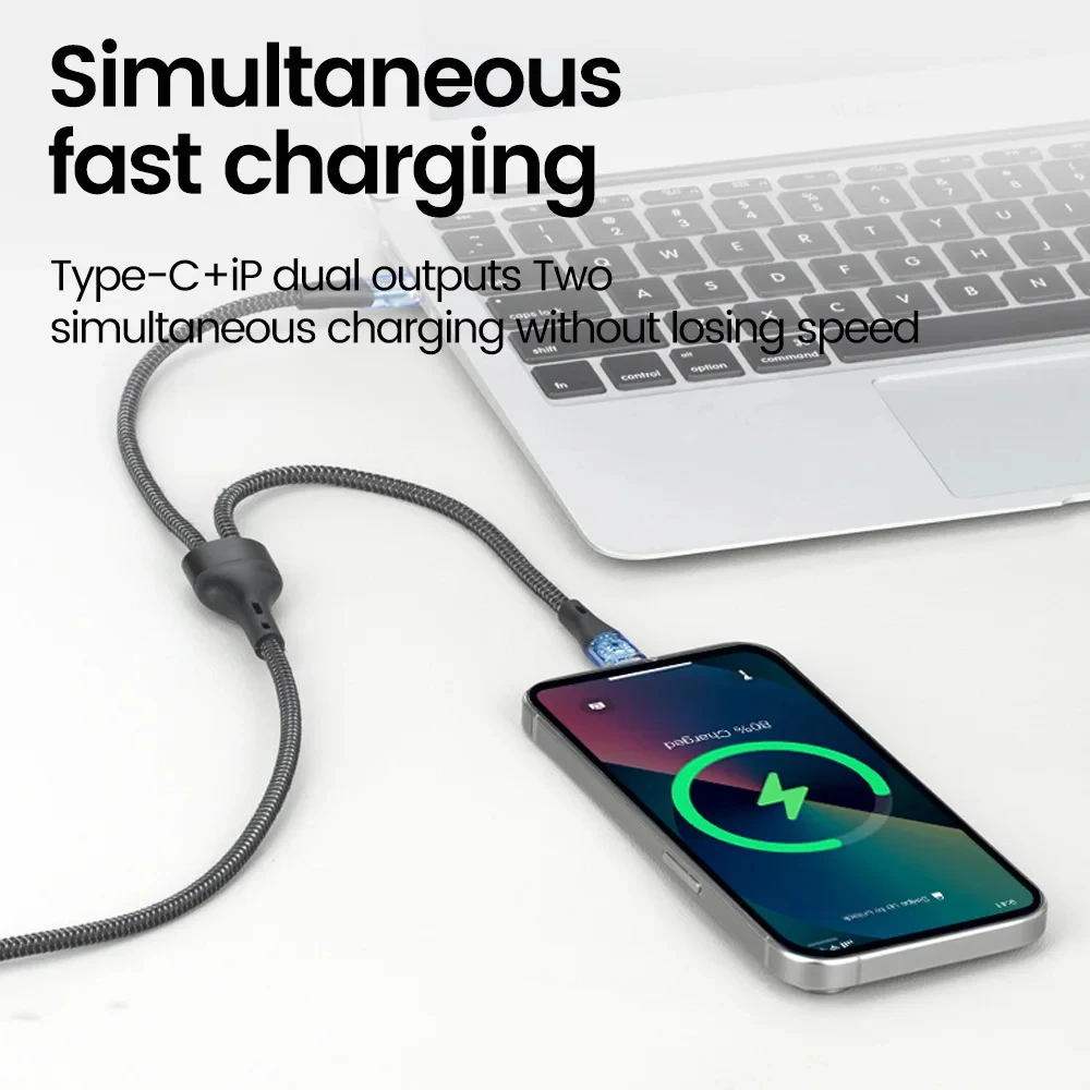 1.2M USB Type C Cable Transparent 4 in 1 PD 65W 27W Dual Connector 2 in 2 Fast Charging USB C Cable for IOS Type C