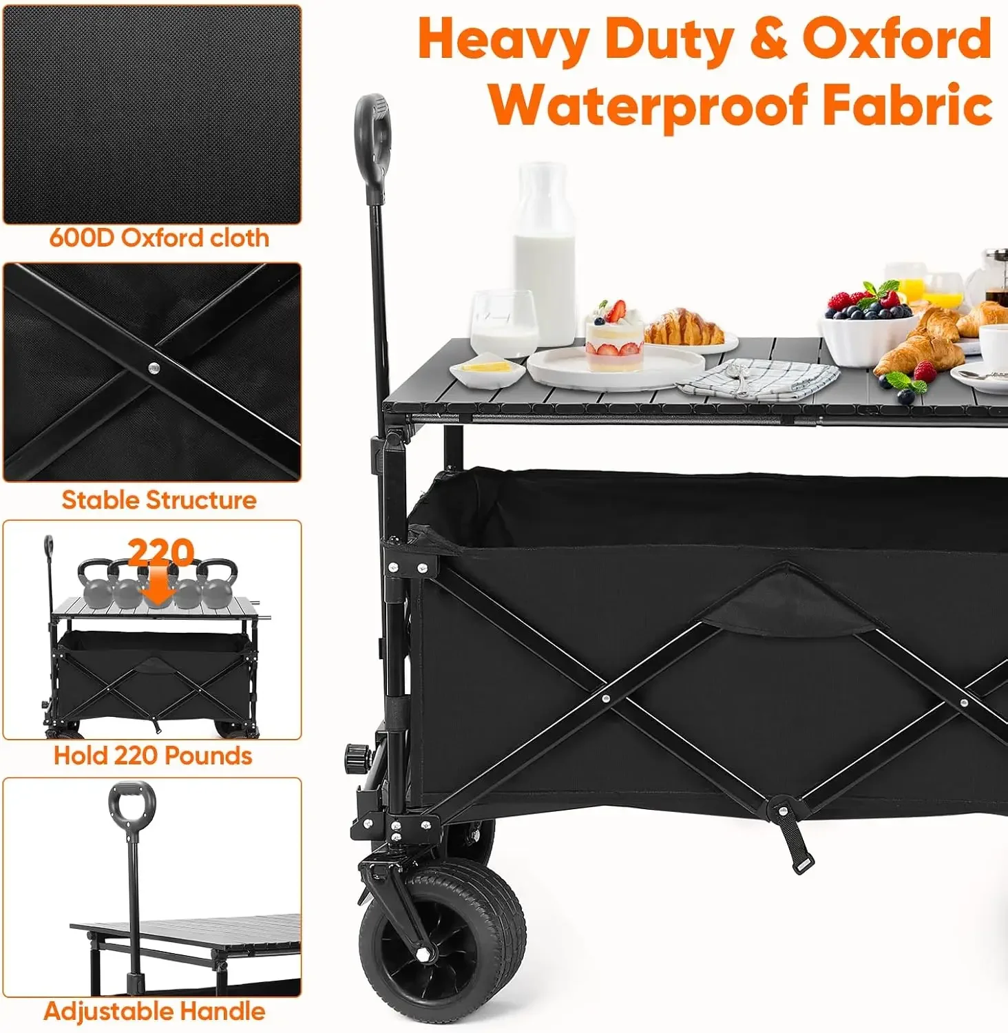 Collapsible Camping Wagon,300lbs Heavy Duty Folding Beach Cart w/All-Terrain Wheels, Removable