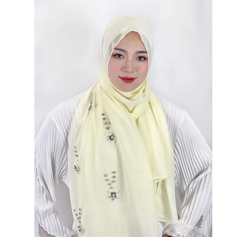 Bolha Pérola Chiffon Cachecol para Mulheres, Hijab Muçulmano, Turbante, Estolas Islâmicas, Xale Flor, Envoltório Lenço, Lenços, Malásia