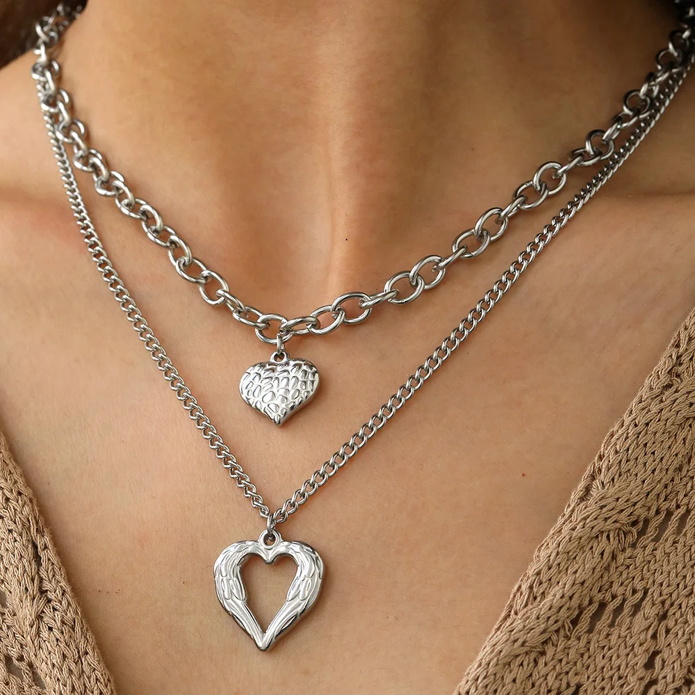 Small Uneven Folds double heart 316L Stainless Steel Necklace High-end Sense Party Accessories Non-fading High-quality for women