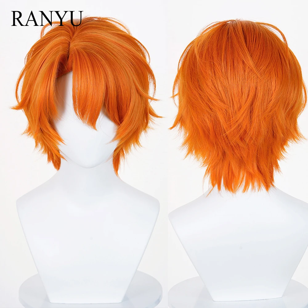 Short Straight Orange Fluffy Synthetic Wigs with Bangs Anime Game Cosplay Men Heat Resistant Wig for Daily Party