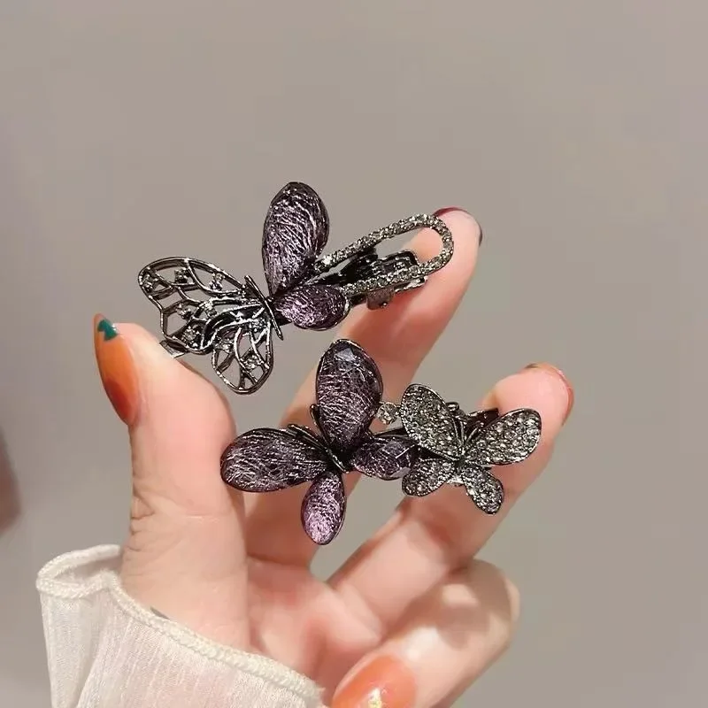 Fee Schwarz Strass Schmetterling Haarspange Exquisite Damen Pony Seitenclip Metall Entenschnabel Clip Haarnadel Einfache Haar-Accessoires