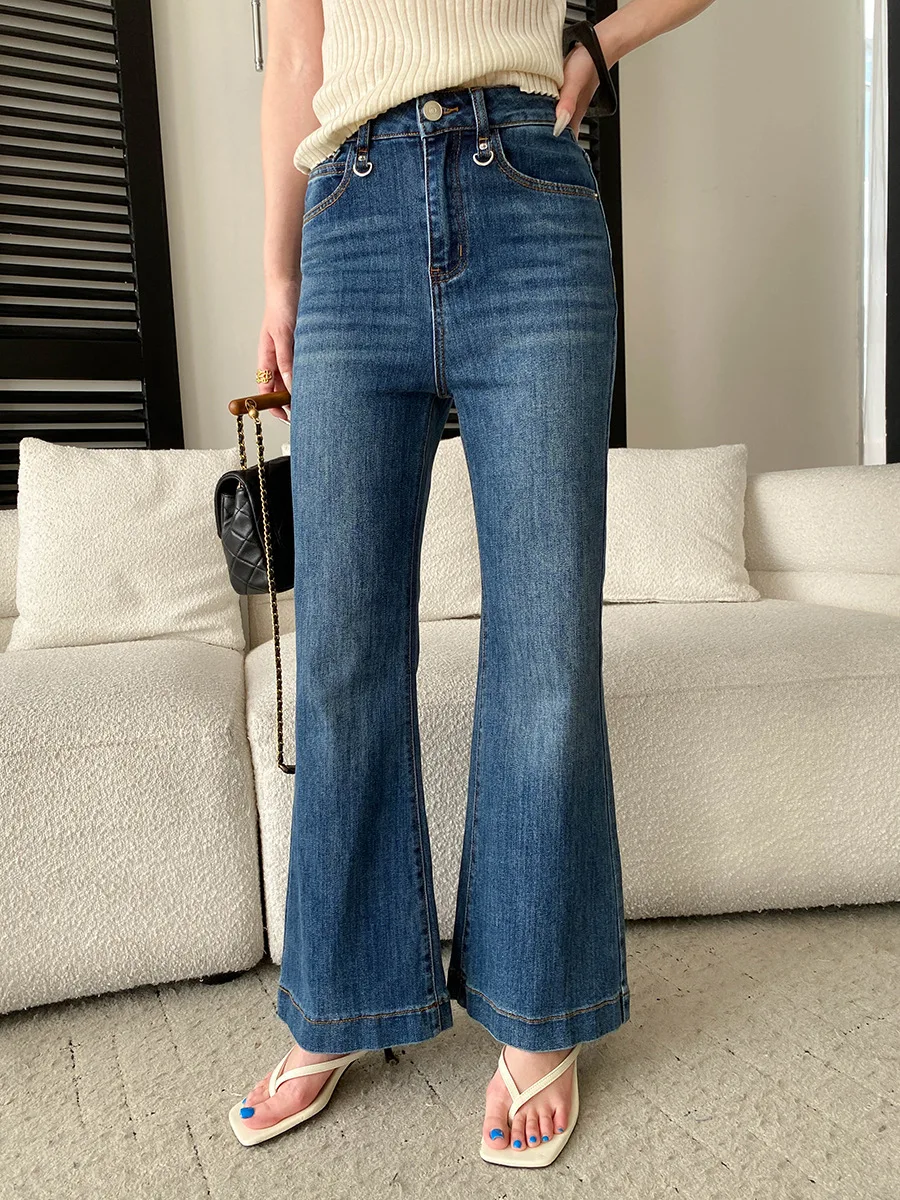 

Spring and summer women's casual solid color French retro standing cut high waist slimming straight leg micro flared jeans