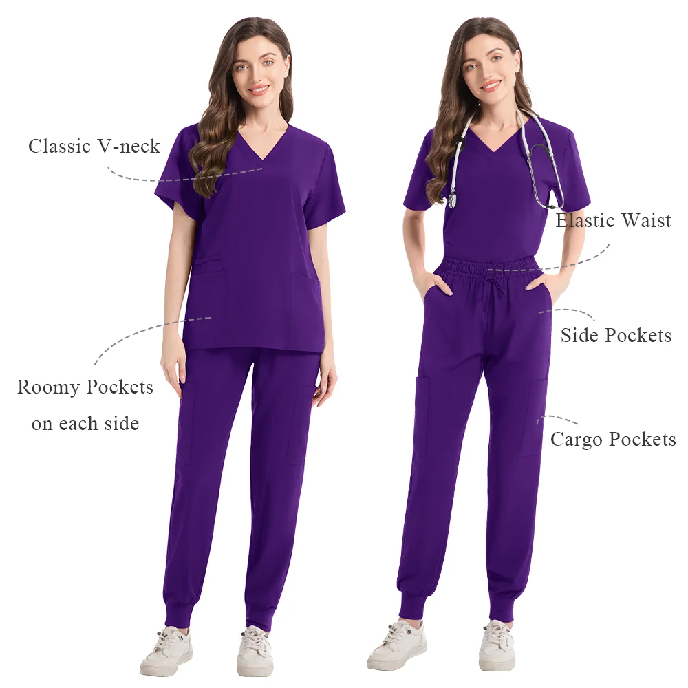 ジョガースーツ女性のナーススクラブセット医療臨床服ドクター看護制服半袖 V ネックトップスポケットパンツ