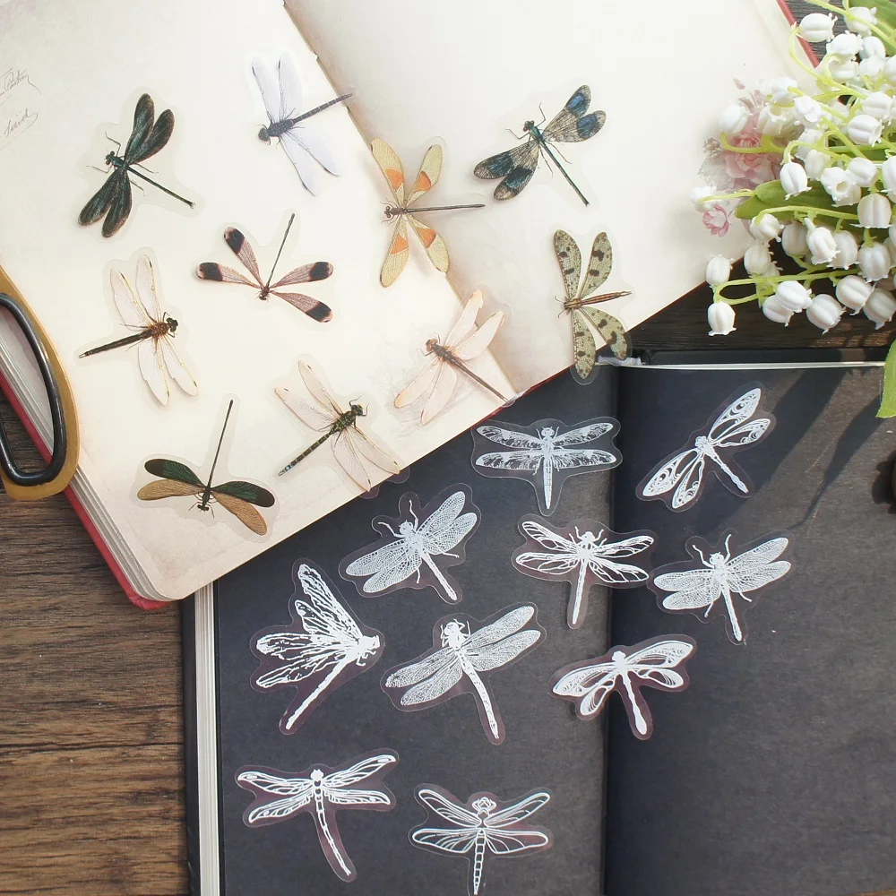 38pcs flying dragonfly White Sketch Design Transparent Sticker Scrapbooking DIY Gift Packing Label Gift Decoration Tag