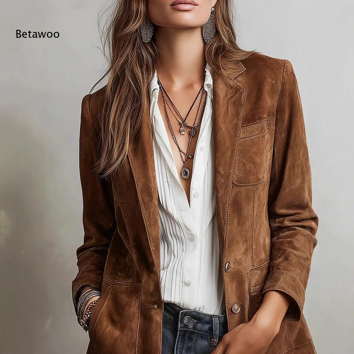 Women Vintage Suede Jacket Lapel Collar Single Breasted Long Sleeve Patch Pockets Loose Fit Style Casual Suit Coat
