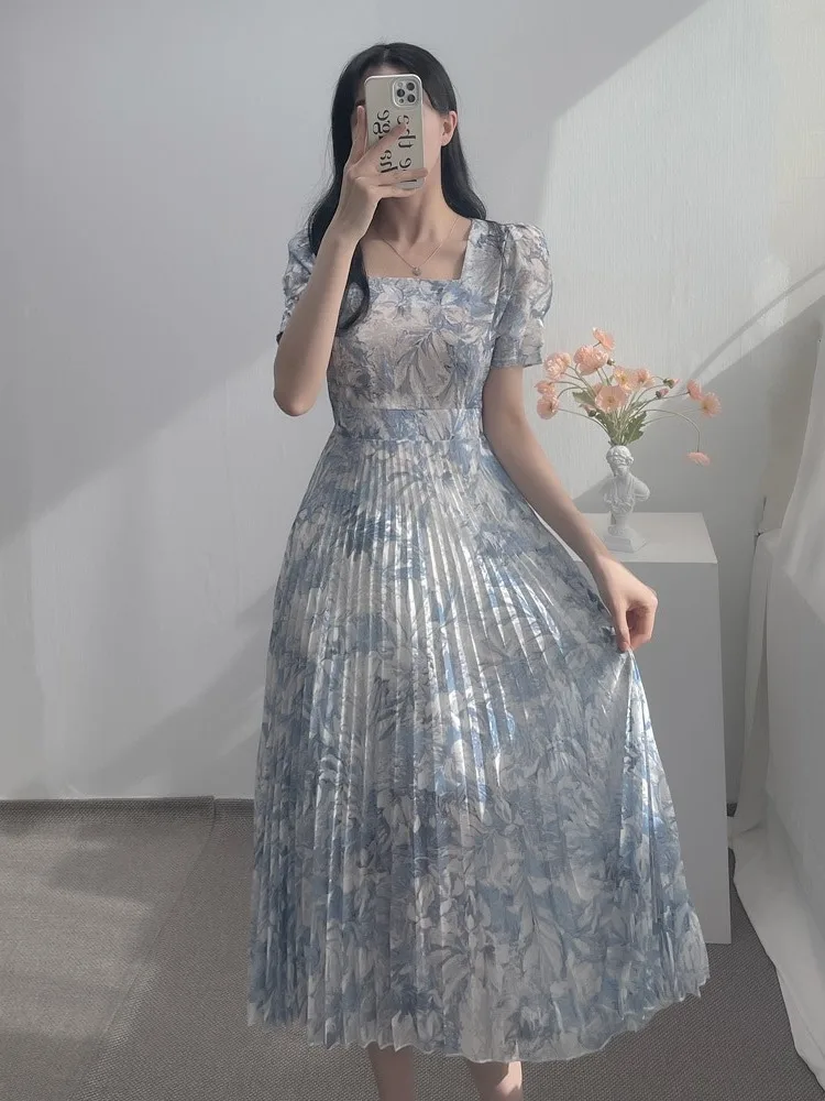 

Ele Retro Watercolor Print Chiffon Dr Women's Summer New Sle Waist Cinched Pleated Long Skirt Commute Regular Thin