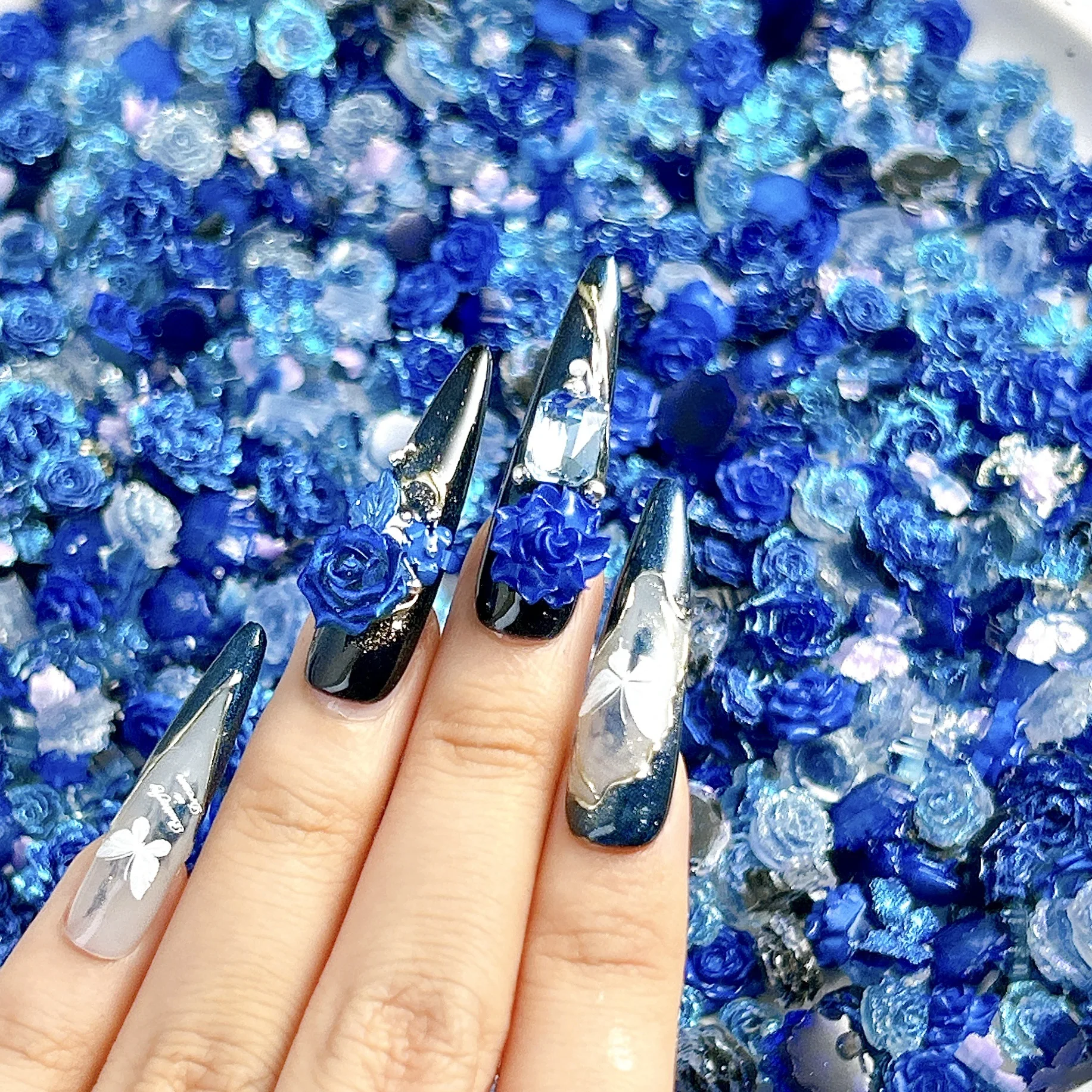 1Pcs Chinese Style Klein Blue Tie‑dye Rose Soft Rubber Nail Charms Popular Flower OrnamentsForDIY ManicureNailArtDecorationParts