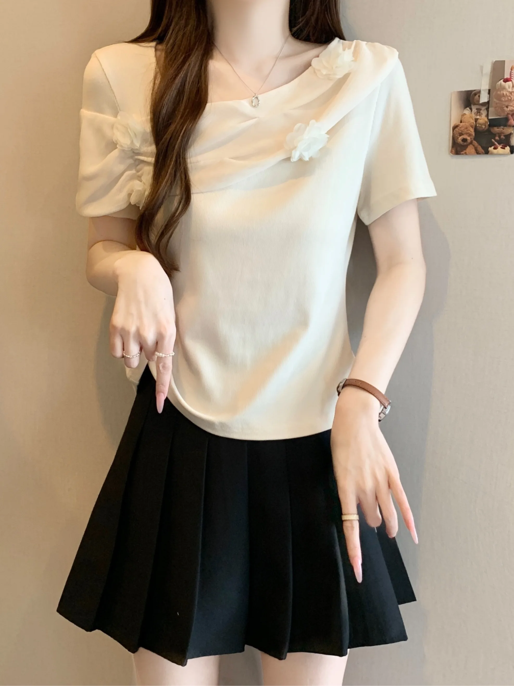 

Sweet Floral Splice Short Sleeve T-Shirt Women's Summer New Waist Cinching Stylish Top plus Size Korean Style High Waist Design