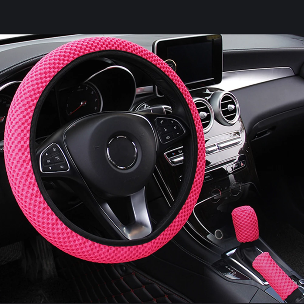 3PCS Set Soft Mesh Car Steering Wheel Cover + Handbrake Cover + Gear Cover Anti skid & Wear Resistant Construction