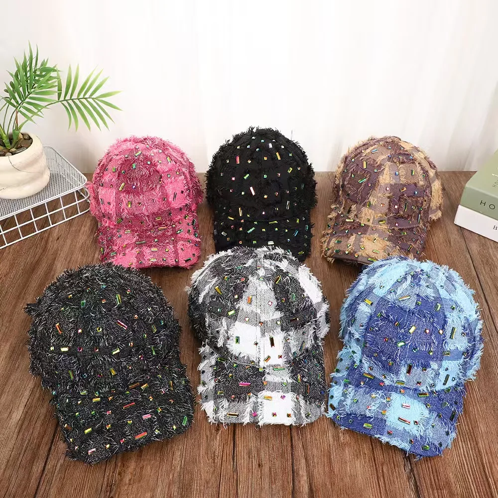 Trendy Western-Style Women's Distressed Denim Baseball Cap Featuring Handmade Rhinestones and a Sun-Shielding Brim.