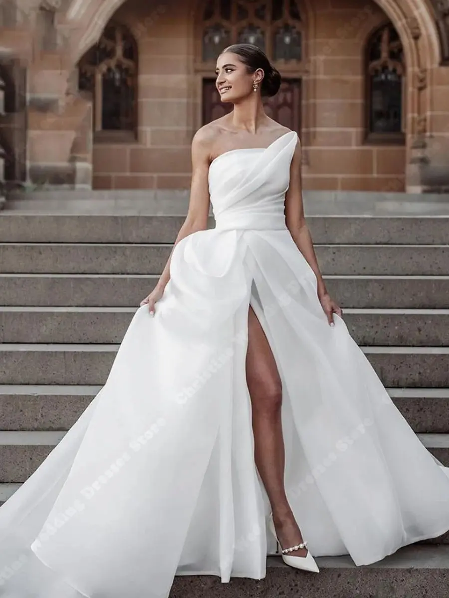 Vestido De Novia De satén blanco puro con manga abullonada, Vestidos De Novia De línea a con abertura lateral alta, estilos simples, vestido De tren De corte